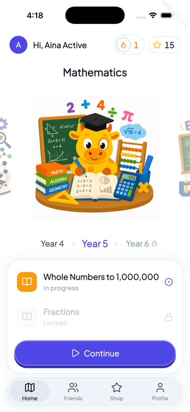 Skrin utama murid-murid.com: Matematik Darjah 5, dengan kiraan streak dan bintang