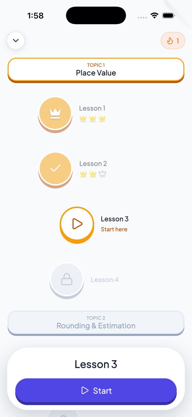 Lesson map screen with crowned, completed and locked lessons