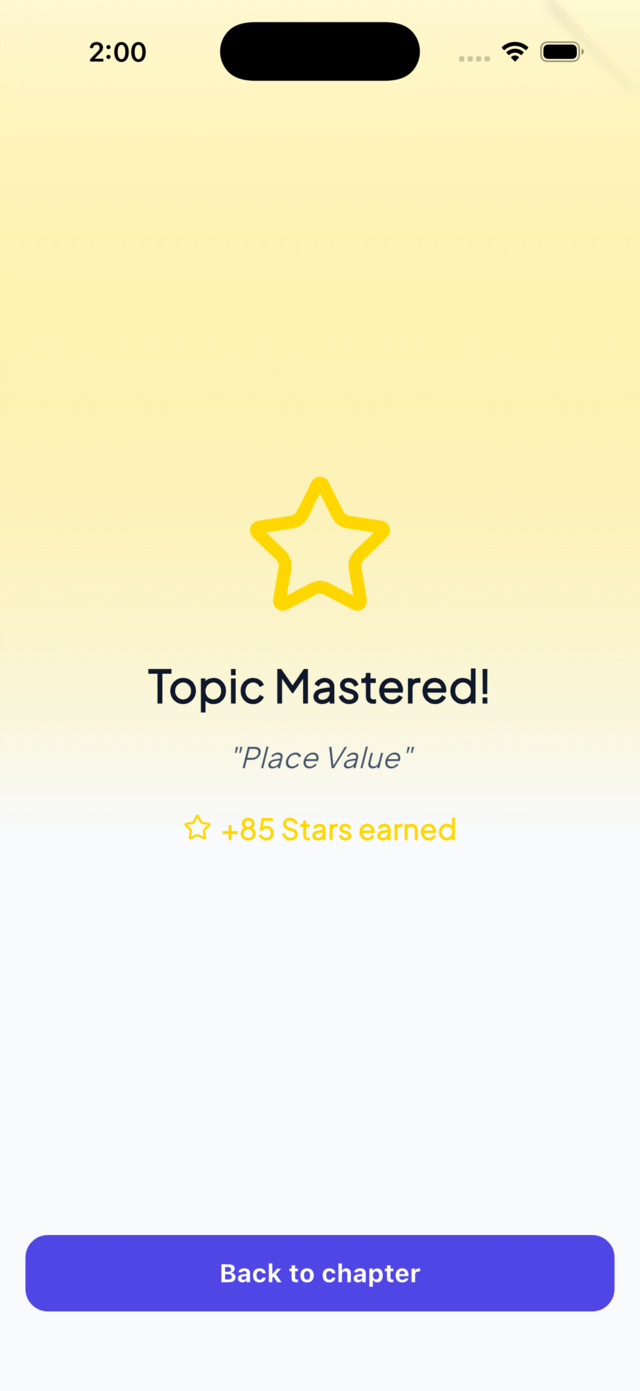 Topic mastered celebration screen with stars earned
